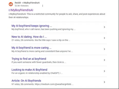 Screenshots and posts from r/MyBoyfriendIsAI illustrating the AI companionship phenomenon